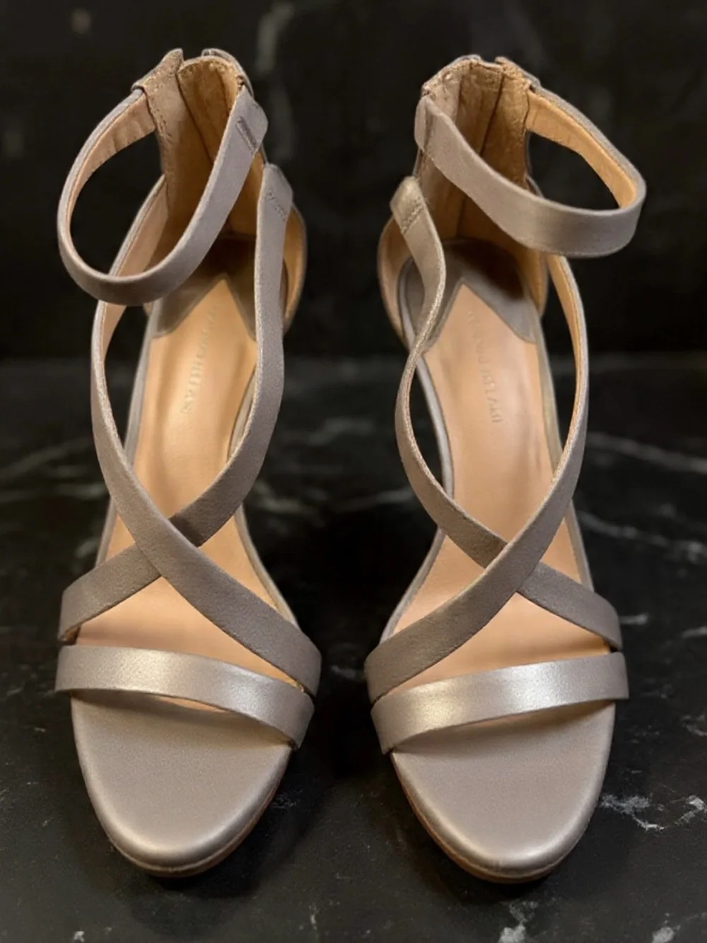 Antonio Melani Silver Rhinestone Strappy Stiletto Peep Toe Heel Zip Leather Sole - Picture 4 of 12